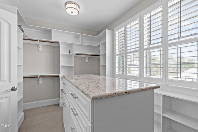 walk in closet with light colored carpet