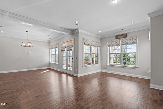 unfurnished living room with recessed lighting, baseboards, dark wood-type flooring, and ornamental molding