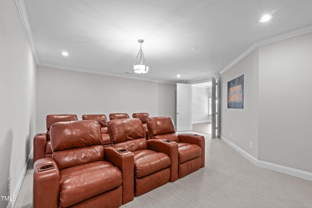 cinema room featuring light carpet, ornamental molding, recessed lighting, and baseboards