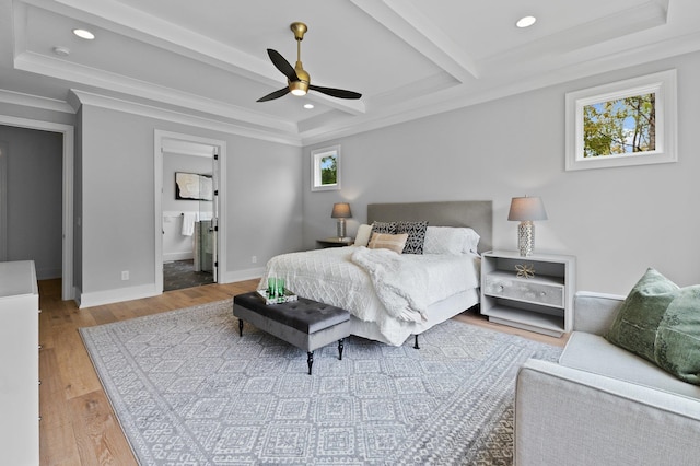 bedroom with recessed lighting, wood finished floors, baseboards, ornamental molding, and beamed ceiling