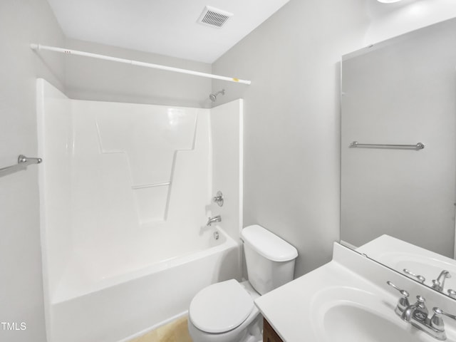 bathroom featuring tub / shower combination, visible vents, toilet, and vanity