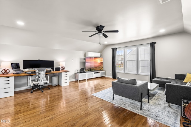 office space with lofted ceiling, ceiling fan, wood-type flooring, and recessed lighting