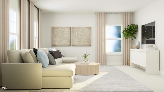 living area with light colored carpet