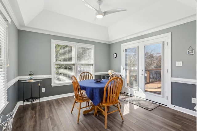 dining space featuring a ceiling fan, a raised ceiling, and dark wood-style floors