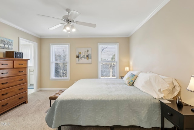 bedroom featuring baseboards, ceiling fan, ornamental molding, and light colored carpet