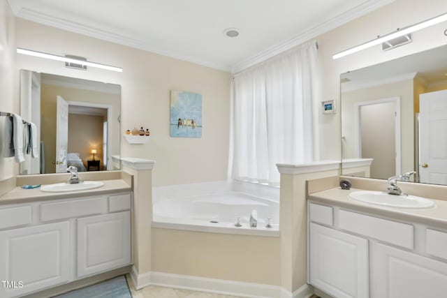 bathroom featuring ensuite bath, crown molding, visible vents, and a sink