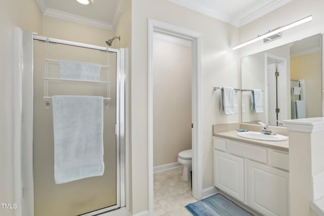 full bathroom with a shower stall, vanity, and crown molding