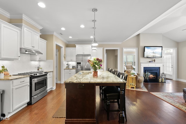 kitchen with a fireplace with flush hearth, appliances with stainless steel finishes, a breakfast bar area, dark wood-type flooring, and under cabinet range hood