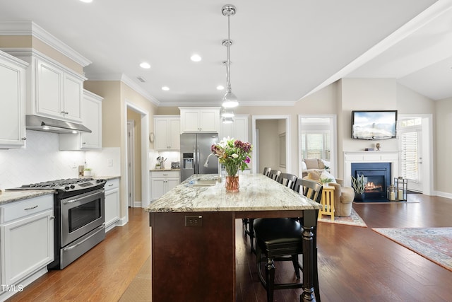 kitchen with a breakfast bar area, under cabinet range hood, a sink, a fireplace with flush hearth, and appliances with stainless steel finishes