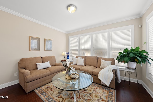 living room with baseboards, dark wood finished floors, and ornamental molding