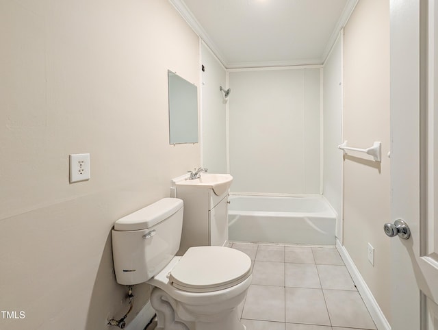 full bathroom with shower / bathing tub combination, toilet, ornamental molding, a sink, and tile patterned floors