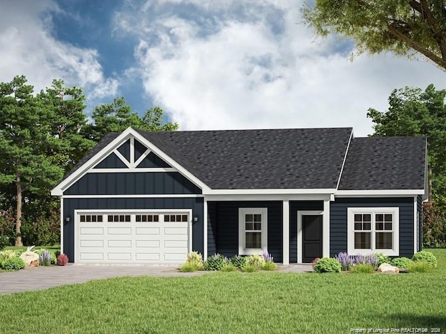 ranch-style home with an attached garage, a shingled roof, driveway, a front lawn, and board and batten siding