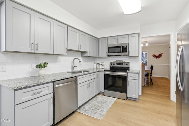 kitchen featuring appliances with stainless steel finishes, light wood-style floors, a sink, and decorative backsplash