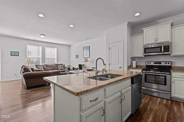 kitchen featuring dark wood-style floors, crown molding, appliances with stainless steel finishes, open floor plan, and a sink