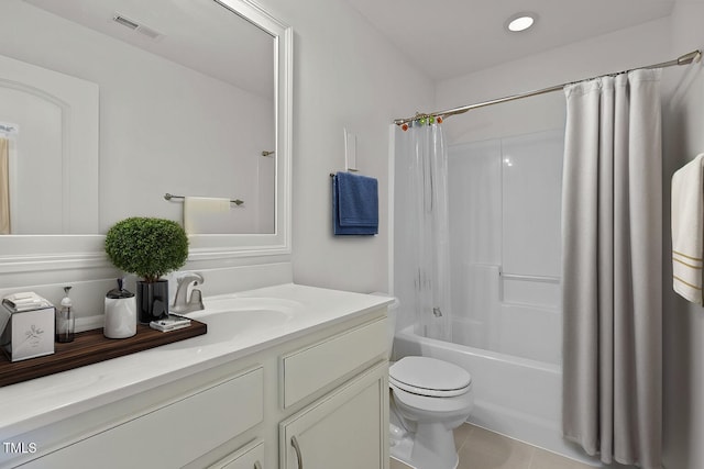 bathroom with visible vents, toilet, tile patterned floors, shower / bathtub combination with curtain, and vanity