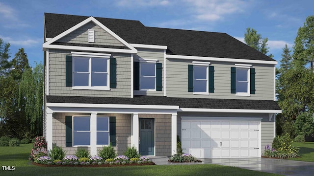 view of front facade with a garage, concrete driveway, and a front lawn