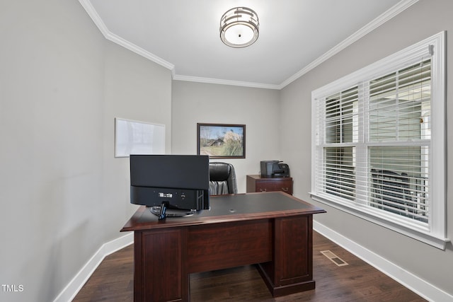 office with visible vents, dark wood-type flooring, and baseboards