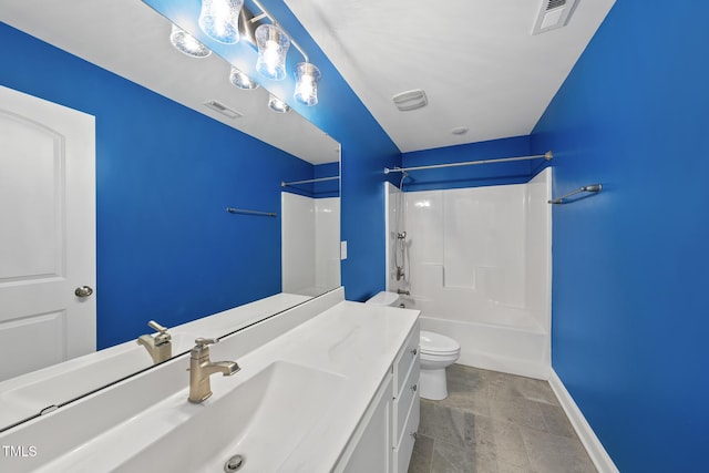 bathroom featuring shower / tub combination, visible vents, toilet, and vanity