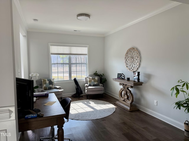 office with baseboards, visible vents, ornamental molding, and wood finished floors