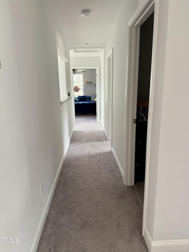 corridor with baseboards and carpet flooring