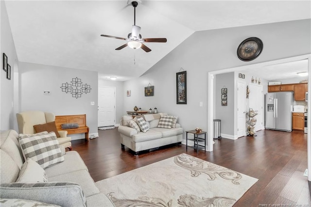 living room with dark wood finished floors, vaulted ceiling, baseboards, and ceiling fan