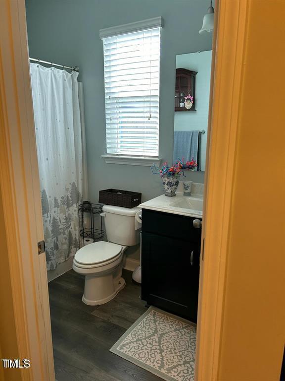 full bathroom with toilet, wood finished floors, and vanity