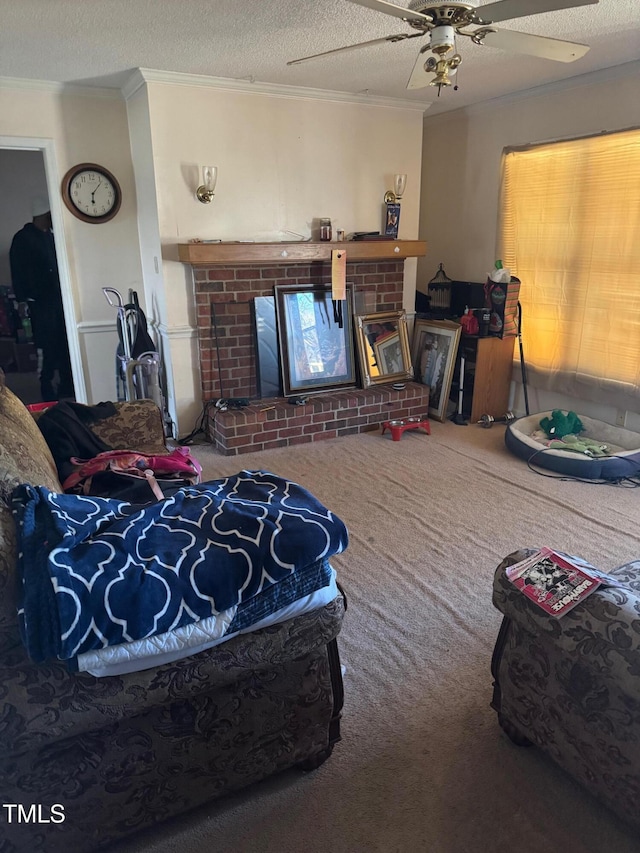 bedroom with crown molding, carpet flooring, a fireplace, and a textured ceiling