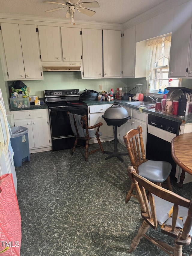 kitchen featuring a sink, a textured ceiling, under cabinet range hood, black appliances, and tile patterned floors