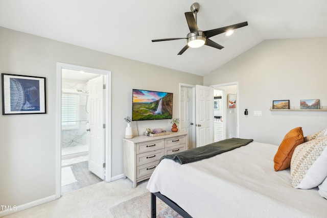 bedroom with light carpet, baseboards, connected bathroom, lofted ceiling, and ceiling fan