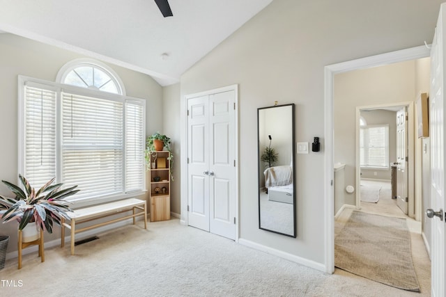 living area featuring carpet floors, a healthy amount of sunlight, and vaulted ceiling