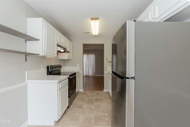 kitchen featuring open shelves, stainless steel appliances, light countertops, white cabinetry, and under cabinet range hood