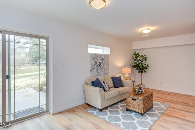 living room featuring wood finished floors, a wealth of natural light, and baseboards