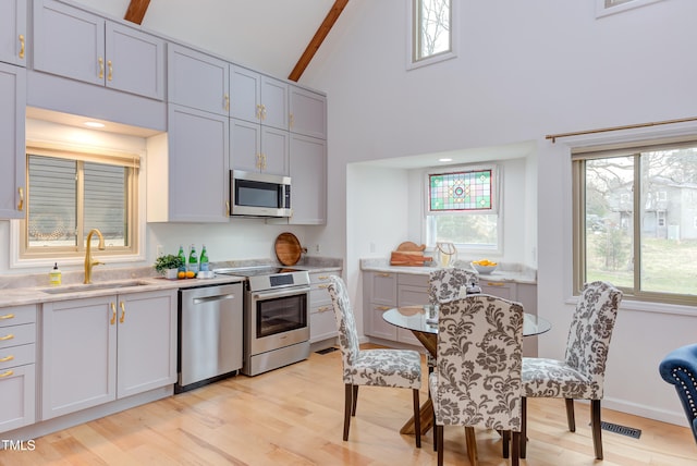 kitchen with light wood finished floors, stainless steel appliances, light countertops, gray cabinetry, and a sink