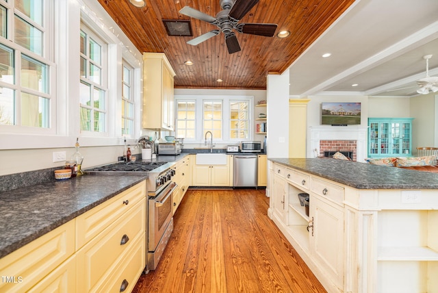 kitchen with dark countertops, wooden ceiling, stainless steel appliances, open shelves, and a sink