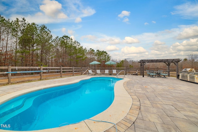 view of pool featuring a fenced in pool, a fenced backyard, a patio, and a pergola