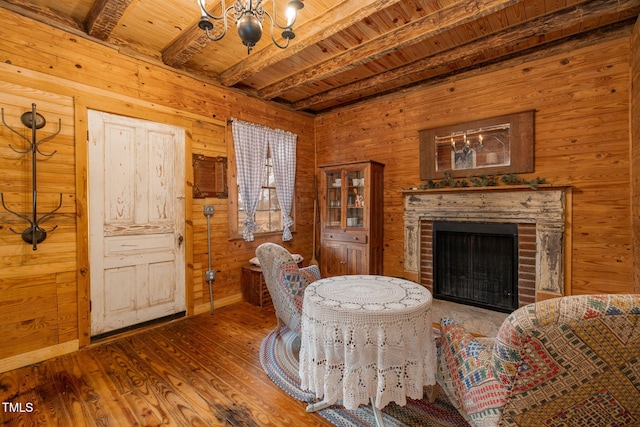 living area featuring wood ceiling, wooden walls, wood finished floors, and beamed ceiling