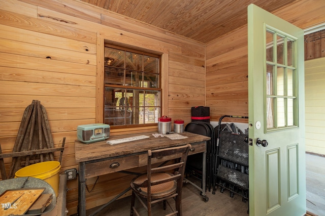 office featuring wood finished floors, wood ceiling, and wooden walls