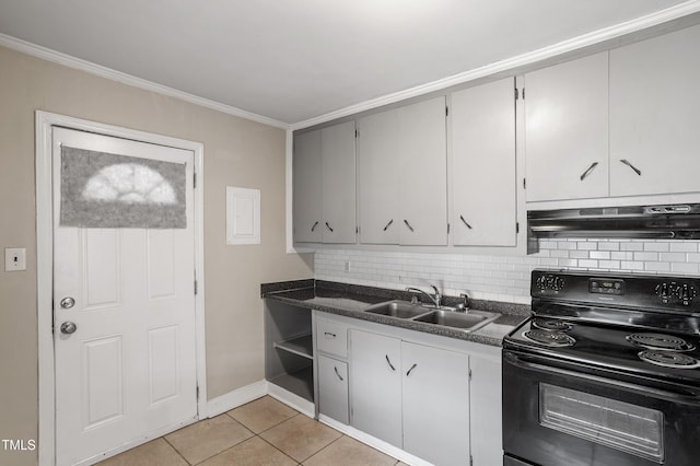 kitchen with backsplash, black range with electric cooktop, under cabinet range hood, light tile patterned floors, and a sink