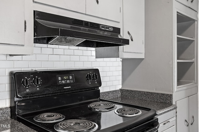 kitchen featuring under cabinet range hood, electric range, white cabinets, and decorative backsplash