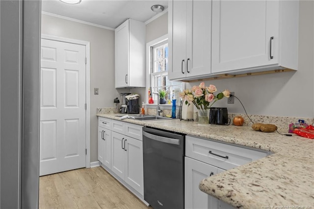 kitchen featuring stainless steel dishwasher, a sink, white cabinetry, and crown molding