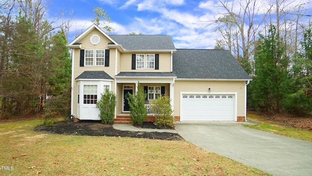 traditional-style house featuring a shingled roof, a front lawn, a porch, concrete driveway, and an attached garage