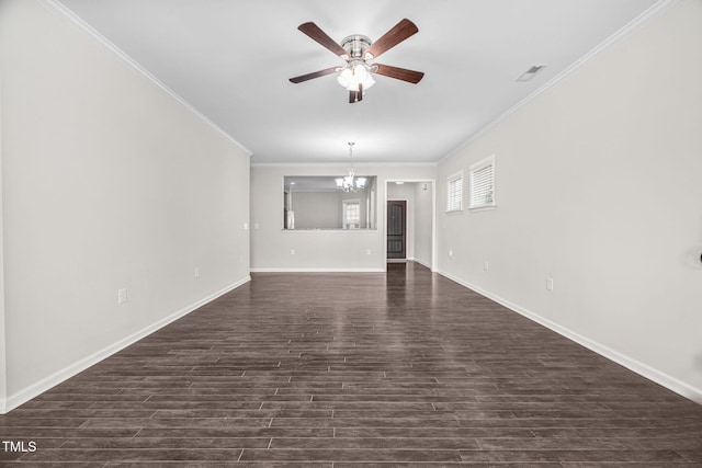 unfurnished living room with visible vents, baseboards, dark wood-style floors, crown molding, and ceiling fan with notable chandelier