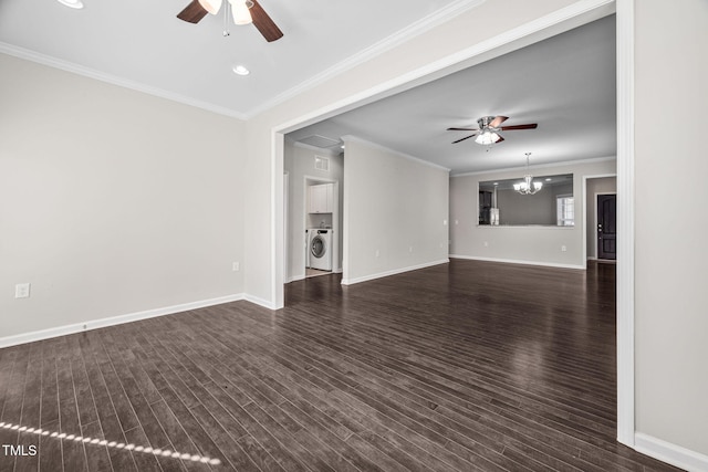 unfurnished living room featuring dark wood-type flooring, washer and clothes dryer, baseboards, and ceiling fan with notable chandelier