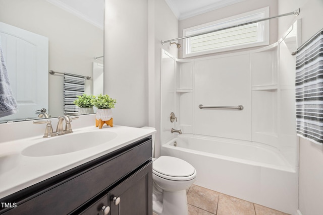 bathroom featuring shower / bath combination, toilet, ornamental molding, vanity, and tile patterned floors