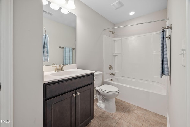 full bathroom featuring visible vents, toilet, vanity, tile patterned flooring, and shower / bathtub combination