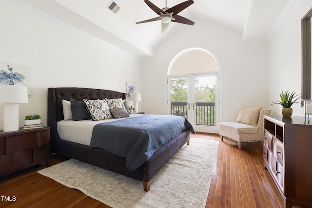 bedroom featuring crown molding, visible vents, access to outside, and wood finished floors