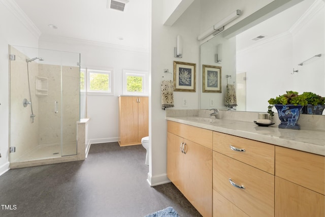 bathroom featuring vanity, visible vents, ornamental molding, and a stall shower