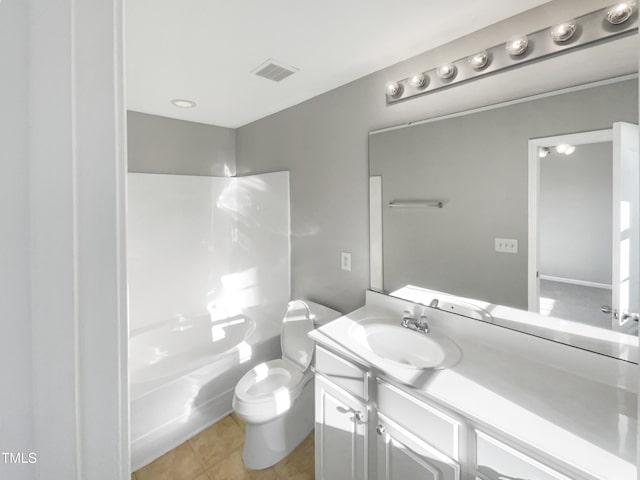 full bath with visible vents, toilet, tile patterned floors, vanity, and shower / washtub combination