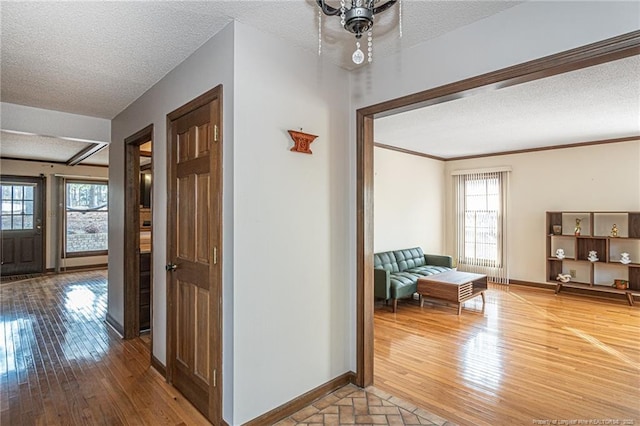 hallway with plenty of natural light, a textured ceiling, baseboards, and wood finished floors