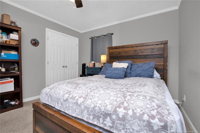 bedroom with ceiling fan, light carpet, baseboards, a closet, and crown molding